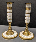 Vintage Pair Brass   Mother Of Pearl Candle Stick Holders Decor 7 5 h X 3 75 w