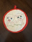 Vintage Pot Holder Hot Pad Embroidered Tea Cups Kitschy Retro Kitchen 1950s