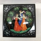 Vintage Russian Black Lacquer Wooden Double Deck Trinket Box Hand Painted