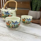 Vtg Japanese Teapot   Cups Bamboo Woven Handle Multicolored Floral Ceramic Mci