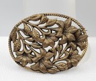 Antique Art Nouveau Large Oval Brass Repousse Lily Flowers Lilies Brooch