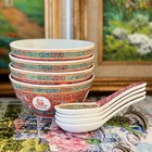 Vintage Red Enamel Famille Rose Mun Shou Longevity Bowls With Spoons Set For 4
