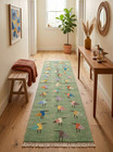 Hand Knotted Bird Runner Rug Green Wool Hallway Carpet Handmade Area Runner