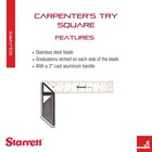 Starrett Carpenters Try Square Etched Graduations - 8 Stainless Blade 2 Cast
