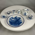 Vintage Miniature Doll Tea Set Ceramic Delft Blue White Windmill Nobel Hall Box