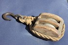 Antique Wooden Double Pulley Block   Tackle Hook     Rustic Nautical Display Piece