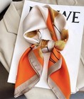 Orange Beige Gold Floral Satin Silk Feel Square Scarf Printed Lightweight Women