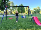 Kids Backyard Playground Metal Swing Set With Saucer Chair   Slide New