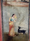 18th Century Antique Indian Painting Ornate Young Woman Feeding Deer Traditional