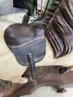 Antique Carved Wooden Horse Pull Toy W  Leather Saddle   Cast Iron Wheels 15 In