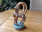 2 Rare Vtg Glazed Earthenware Horned Goat W  Baby Figurines On Turquoise Bases 