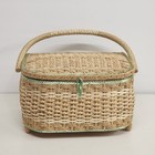 Sewing Basket Woven Rope Oval Cream   Green Footed Box W Handle   Plastic Tray