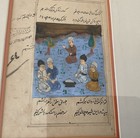 Antique Middle East Manuscript Drawing Persian Silk Mat Gold Frame
