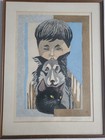 Sekino Junichiro   1914-1988  Japanese Woodblock Print Boy W  Dog   Black Cat   