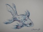 Original Pen   Ink Wash Drawing Of A Fish On Ivory White Paper Goldfish