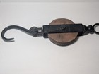 Vintage Wood Pulley Single Sheave Iron Hook Eye Barn Farm Well Rustic