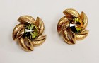 Vintage Green-yellow Rivoli Earrings Gold Flowers Mid Century Modern Chunky