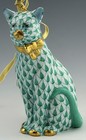      Mint In Box Herend Cat With Bow Ornament Green Fishnet Figurine 1st Ed