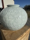 Rare Large Vintage Korean Celadon Moon Jar With Lotus Inlay Beautiful Pottery