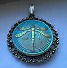 Large Vintage Czech Hand Painted Button Set In A Pendant  dragonfly  1-9 16  d9