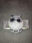 Silver Tone Owl Stretch Bracelet With Clear Rhinestones With Black Eyes