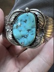 Southwestern Large Turquoise Stone And Ornate Silver Cuff Bracelet Vintage