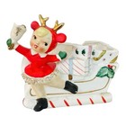 Vintage Christmas Relpo Rubens Skater Girl Reindeer Candy Cane Planter Japan 50s