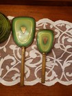 Antique Victorian Art Deco Personal Green Hand Mirror   Brush Goldtone  Metal 
