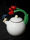 1995 Via Ancona Enamel Whistling Tea Pot Kettle Blue Hummingbird Red Tulips Vtg