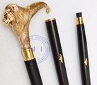 Brass Solid Vintage Designer Lion Head Wooden Walking Stick Cane Antique Gift