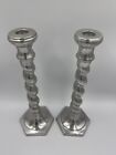 Vintage Pair Of Tall Pewter Silver Twisted Candlesticks