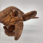 Hand Carved Wood Sea Turtle Tortise Sculpture With Baby Animal Figurine On Base