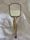 Vtg 1960s Ladies Golden Vanity Hand Mirror Pink Gold Filigree Brass Handle Trim