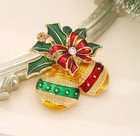Vintage Gold Christmas Ornament Rhinestone   Holly Bow Enamel Gift Pin Brooch