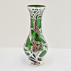 Antique Alvin 999 Fine Silver Overlay Green Glass Vase 6  254 Total Grams