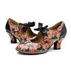 Vintage Women Floral Print Pumps Lace Up Bow Med Heels Party Shoes High Heels