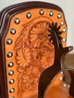Tooled Leather Metal Spur Wood Bookends Western Cowboy Ranch Floral Americana