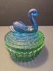 Jeannette Glass Vtg Green   Blue Swan Powder Trinket Vanity Box Read