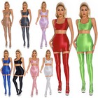 Women s Glossy Crop Top With Skirt Stocking Outfit Sleeveless Lingerie Stretchy