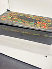 Vintage Black Lacquer Hand Painted Floral Wooden Box Hinged Trinket Jewelry   