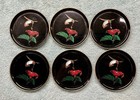Vtg Black Lacquerware Coaster Set W hummingbird   Flower Design - Otagiri Japan