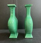 Pair Antique  Vtg Chinese Green Glazed Porcelain Vases Relief Of Peaches Decor