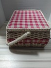 Handmade Vintage Wicker Sewing Basket Red Checkered Lining  Great Gift For Mom