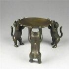 Ancient Asian Chinese Old Bronze Handmade Cats Plate Statue Oil Lamp Candlestick