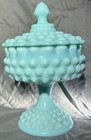 Rare Fenton Turqoise   Aqua Pedestal Hobnail Milk Glass Candy Dish With Lid