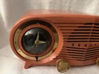 1955 Zenith X514 Owl Eyes Telechron Clock Am Radio Coral Non Working As-is