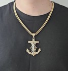 Two-tone Anchor Jesus Necklace  14k Heavy Gold Plated  7mm Cuban Chain