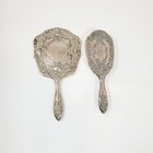 Vintage Silver Plated Hand Held Vanity Mirror   Brush Set Floral Embossed Design