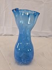 Hand Blown Art Glass Vase Blue White Specks Swirl 7  Ruffle Top