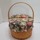 Vtg Wooden Sewing Basket Weave Wicker Box Floral Butterfly Fabric Flip Top Handl